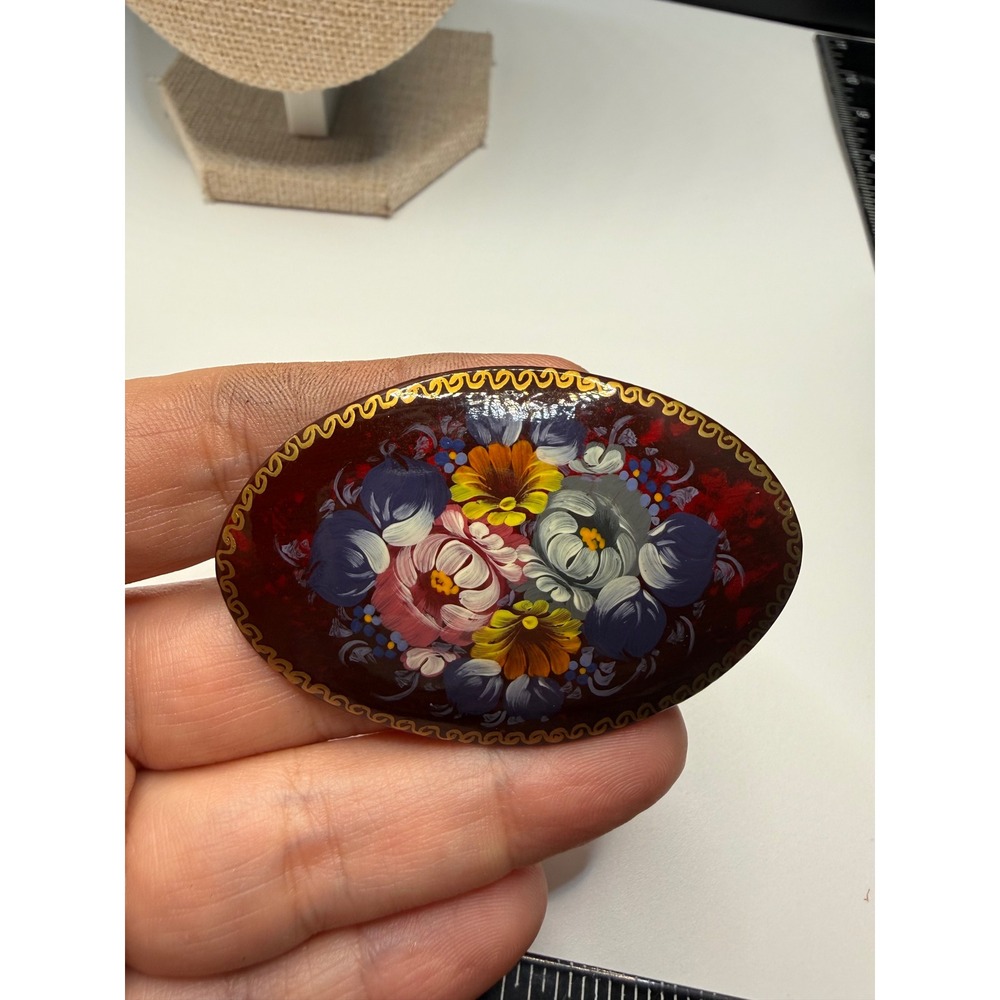 Vintage Russian Lacquer Brooch Hand Painted Floral Fedoskino Artist Signed Pin